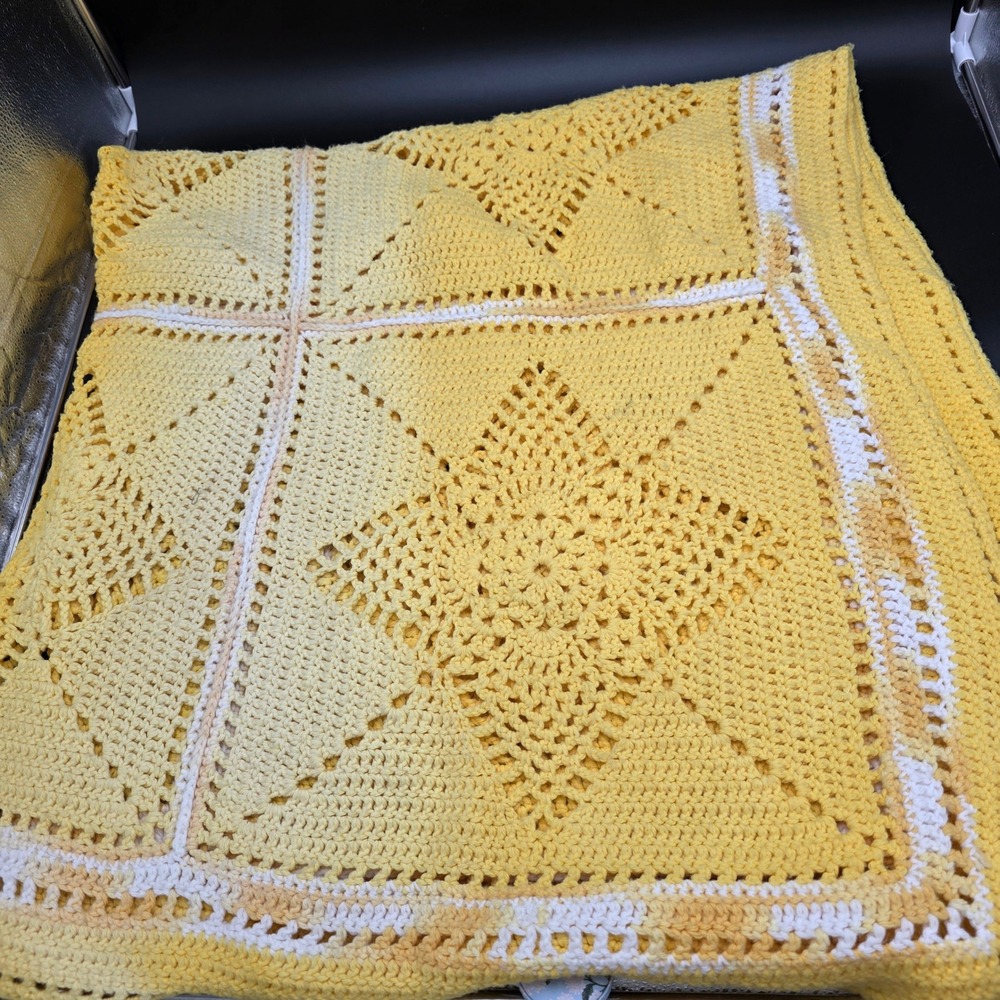 Handmade Crochet Granny Square Blanket Yellow White Accent Cozy Throw‎ 56"x56"